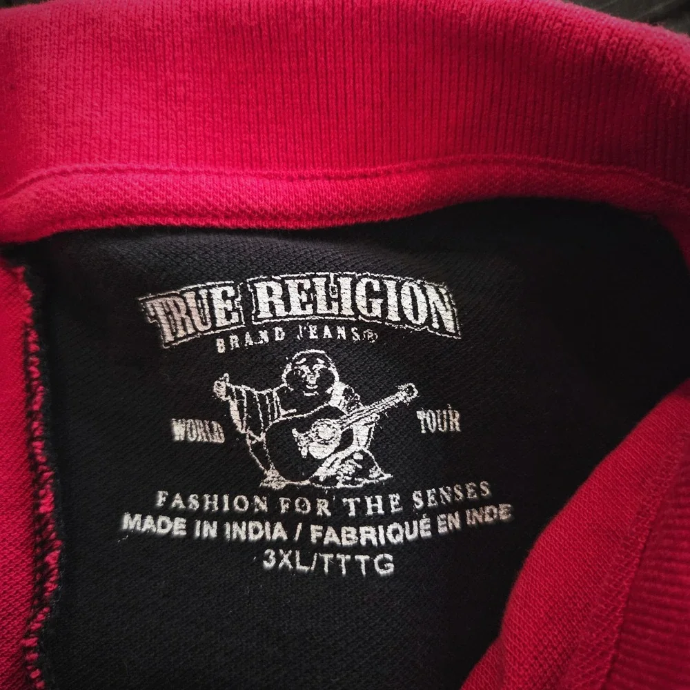 True Religion Polo Shirt Mens 3XL Red Black‎ Split Colorblock Horseshoe Logo SS